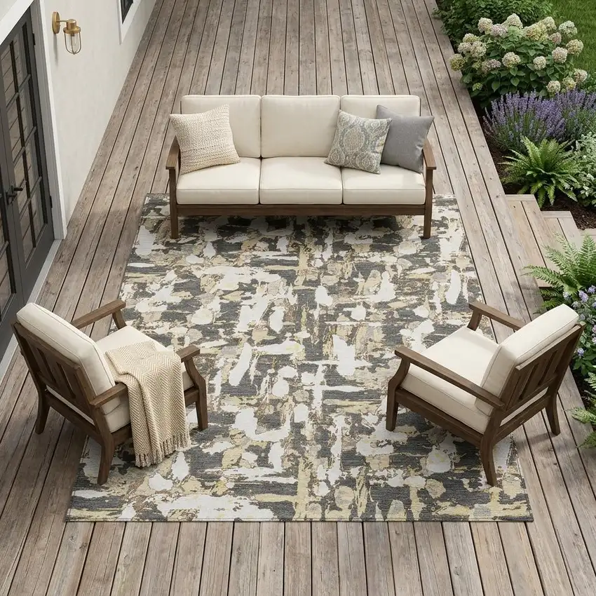 Graphite And Ivory Abstract Washable Indoor Outdoor Area Rug Photo 1