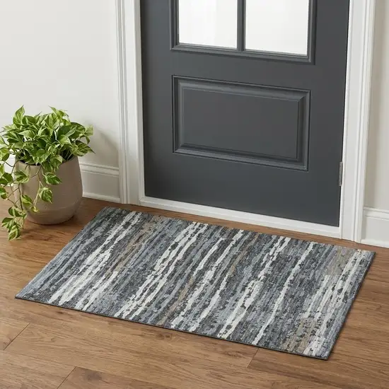 Graphite And Ivory Striped Distressed Washable Area Rug With UV Protection Photo 1