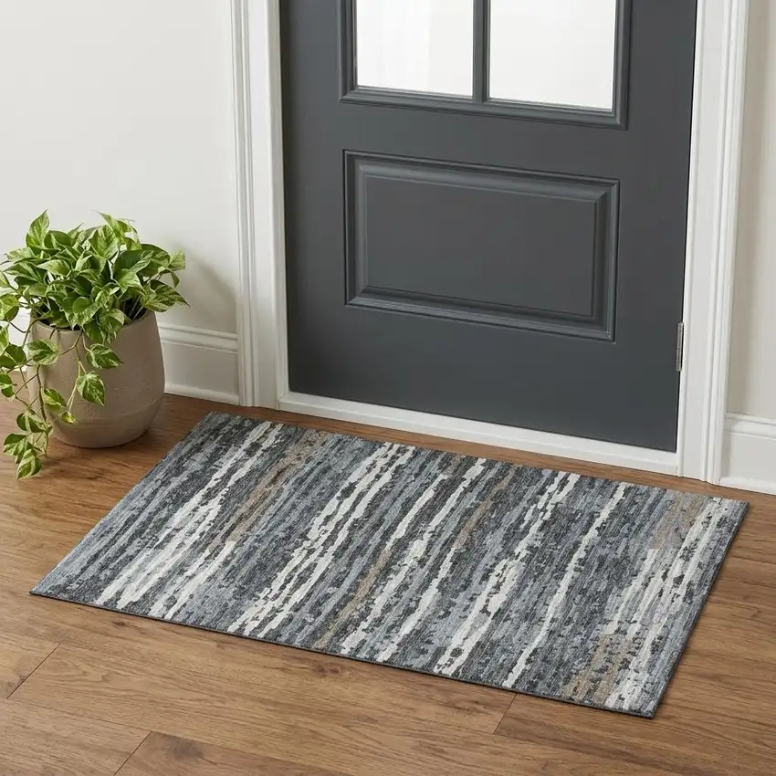 Graphite And Ivory Striped Distressed Washable Area Rug With UV Protection Photo 1