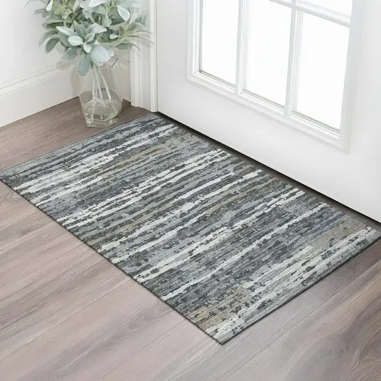 Graphite And Ivory Striped Washable Area Rug With UV Protection Photo 1