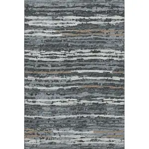 Photo of Graphite And Ivory Striped Washable Area Rug With UV Protection