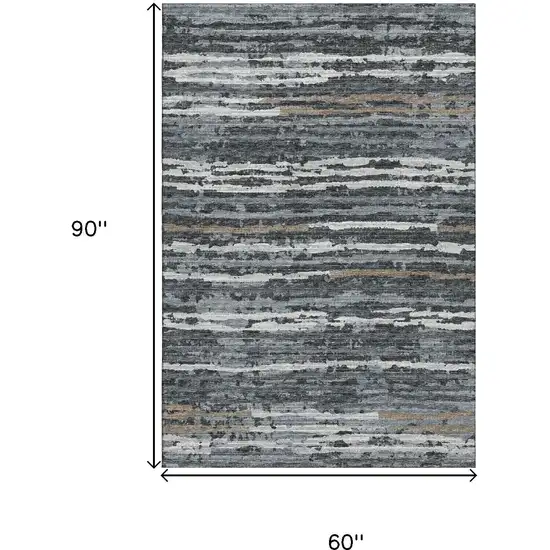 Graphite And Ivory Striped Washable Area Rug With UV Protection Photo 3