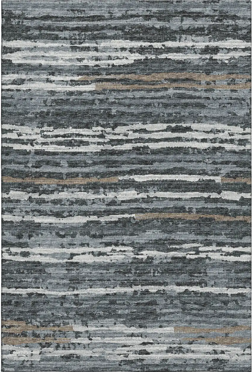 Graphite And Ivory Striped Washable Area Rug With UV Protection Photo 2
