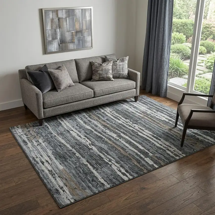Graphite And Ivory Striped Distressed Washable Area Rug With UV Protection Photo 1