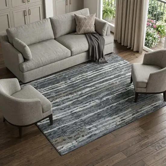 Graphite And Ivory Striped Distressed Washable Area Rug With UV Protection Photo 1