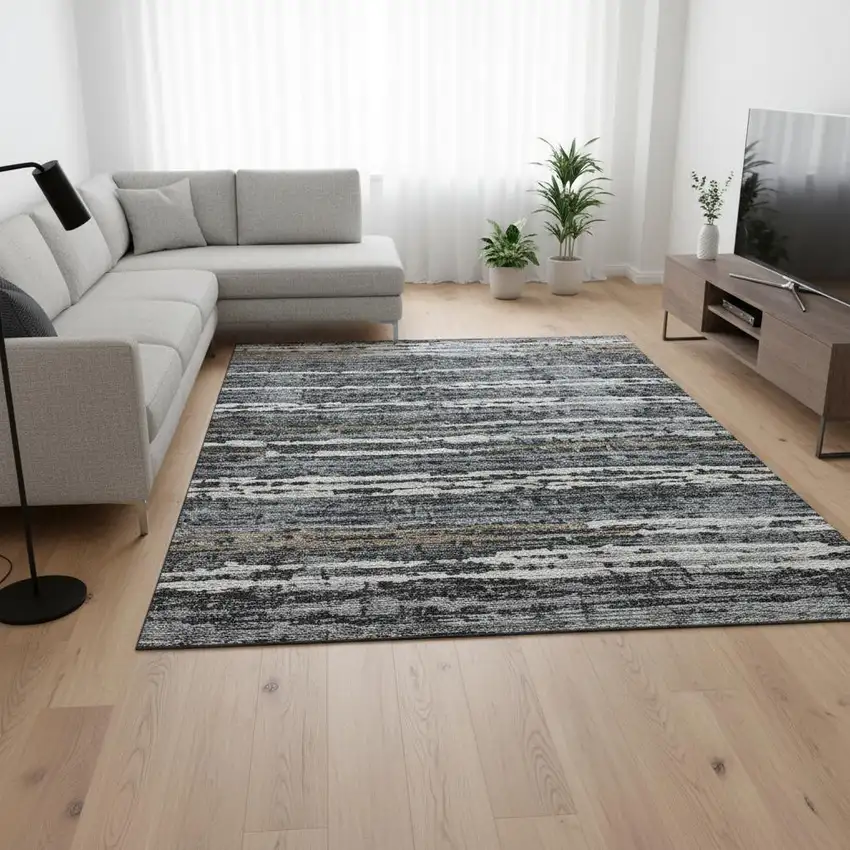 Graphite And Ivory Striped Washable Area Rug With UV Protection Photo 1