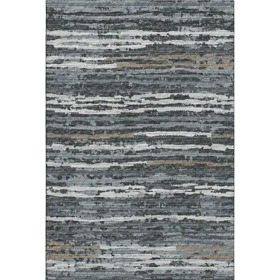 Graphite And Ivory Striped Washable Area Rug With UV Protection Photo 2