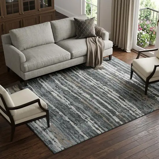 Graphite And Ivory Striped Distressed Washable Area Rug With UV Protection Photo 1