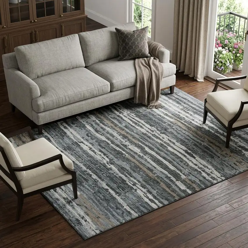 Graphite And Ivory Striped Distressed Washable Area Rug With UV Protection Photo 1