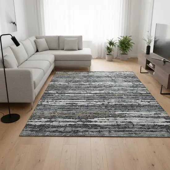 Graphite And Ivory Striped Washable Area Rug With UV Protection Photo 1