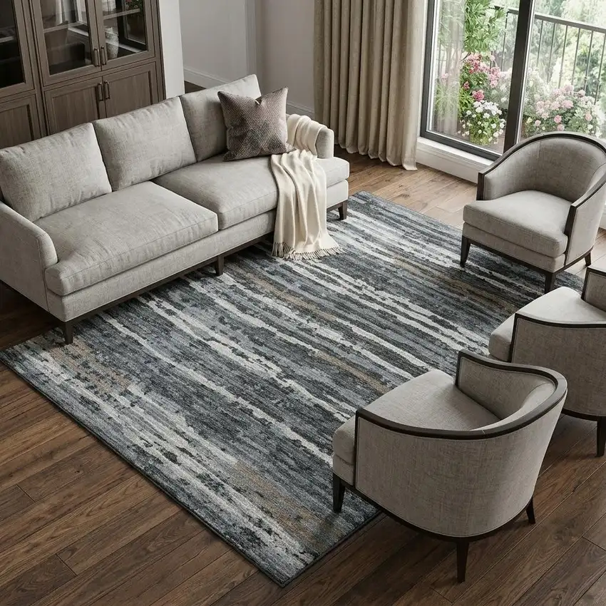 Graphite And Ivory Striped Distressed Washable Area Rug With UV Protection Photo 1