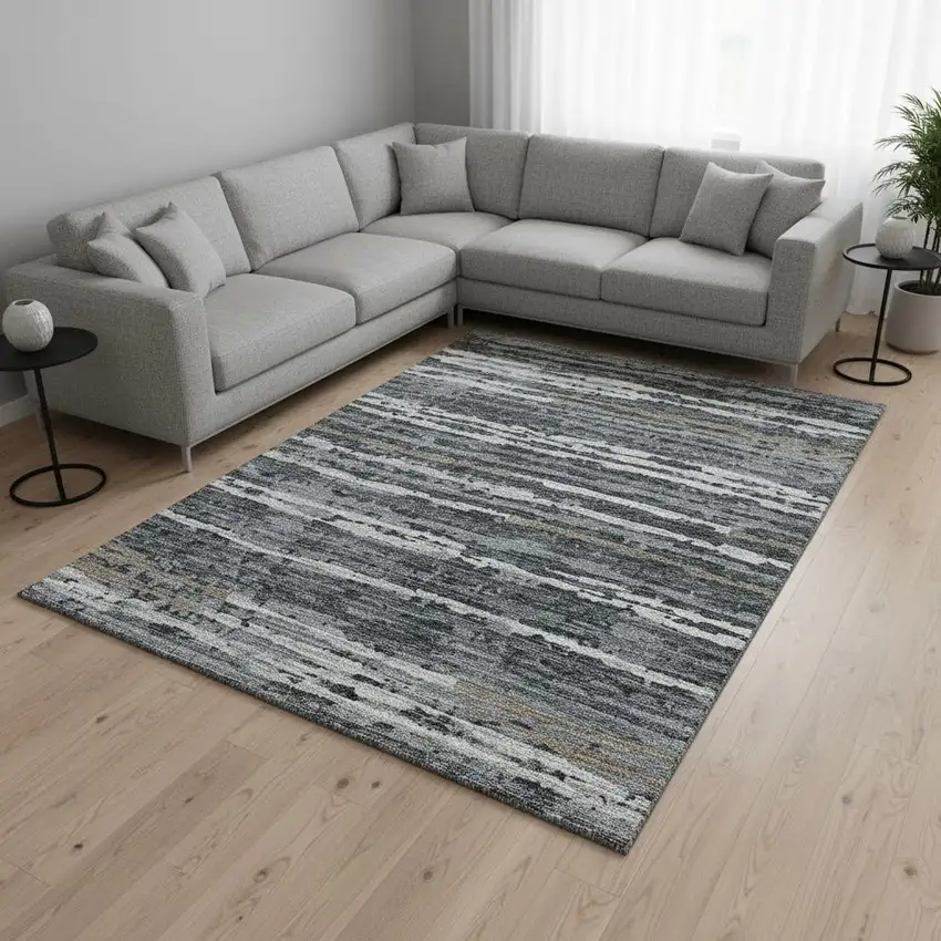 Graphite And Ivory Striped Washable Area Rug With UV Protection Photo 1