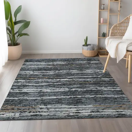 Graphite And Ivory Striped Washable Area Rug With UV Protection Photo 4