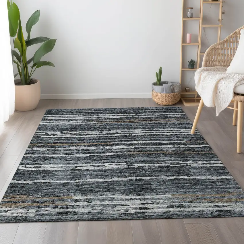 Graphite And Ivory Striped Washable Area Rug With UV Protection Photo 4