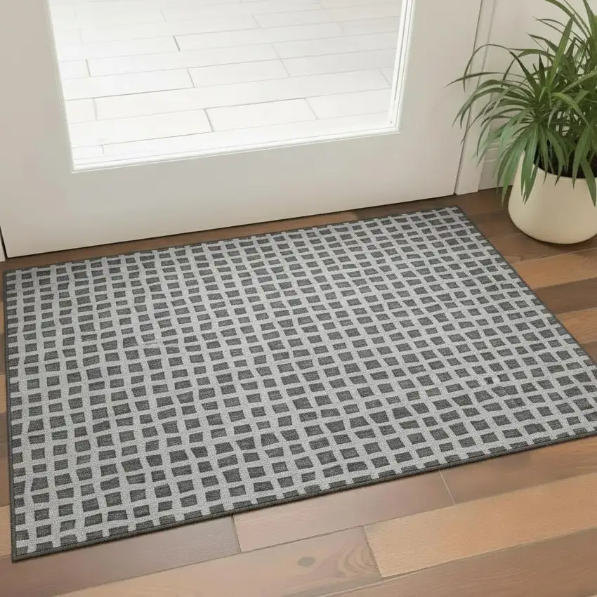 Graphite And Silver Geometric Washable Area Rug With UV Protection Photo 1