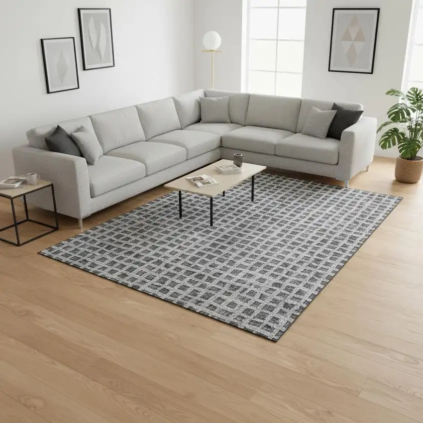 Graphite And Silver Geometric Washable Area Rug With UV Protection Photo 2