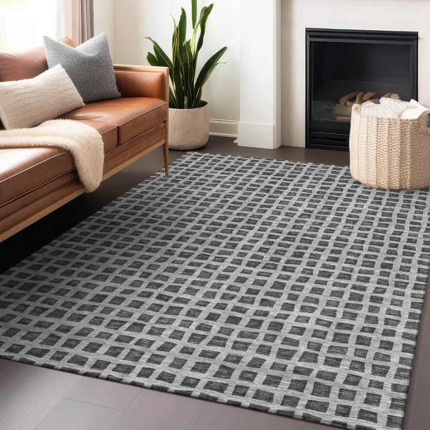 Graphite And Silver Geometric Washable Area Rug With UV Protection Photo 6