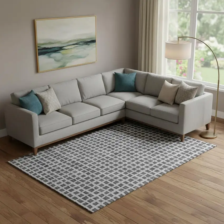 Graphite And Silver Geometric Washable Area Rug With UV Protection Photo 1