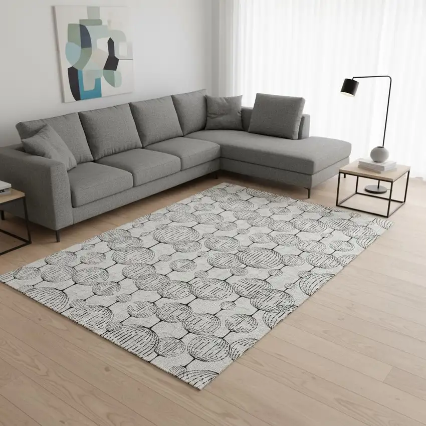 Graphite And Silver Geometric Washable Area Rug With UV Protection Photo 2
