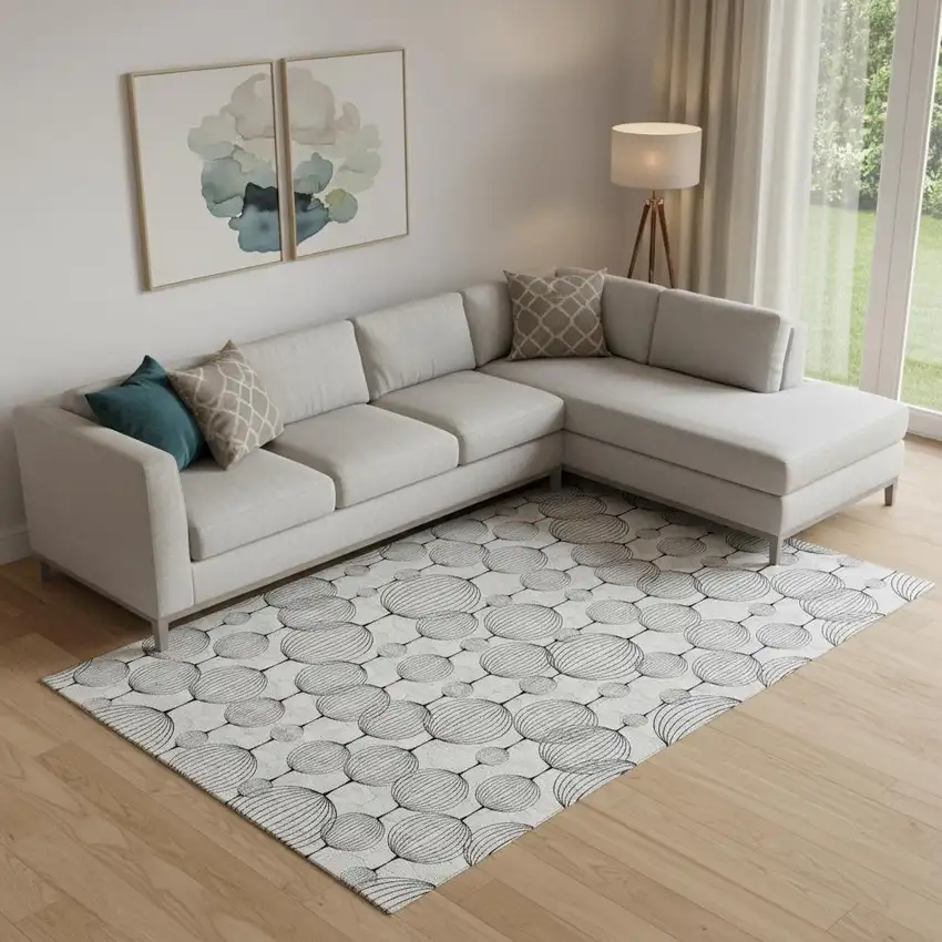 Graphite And Silver Geometric Washable Area Rug With UV Protection Photo 1