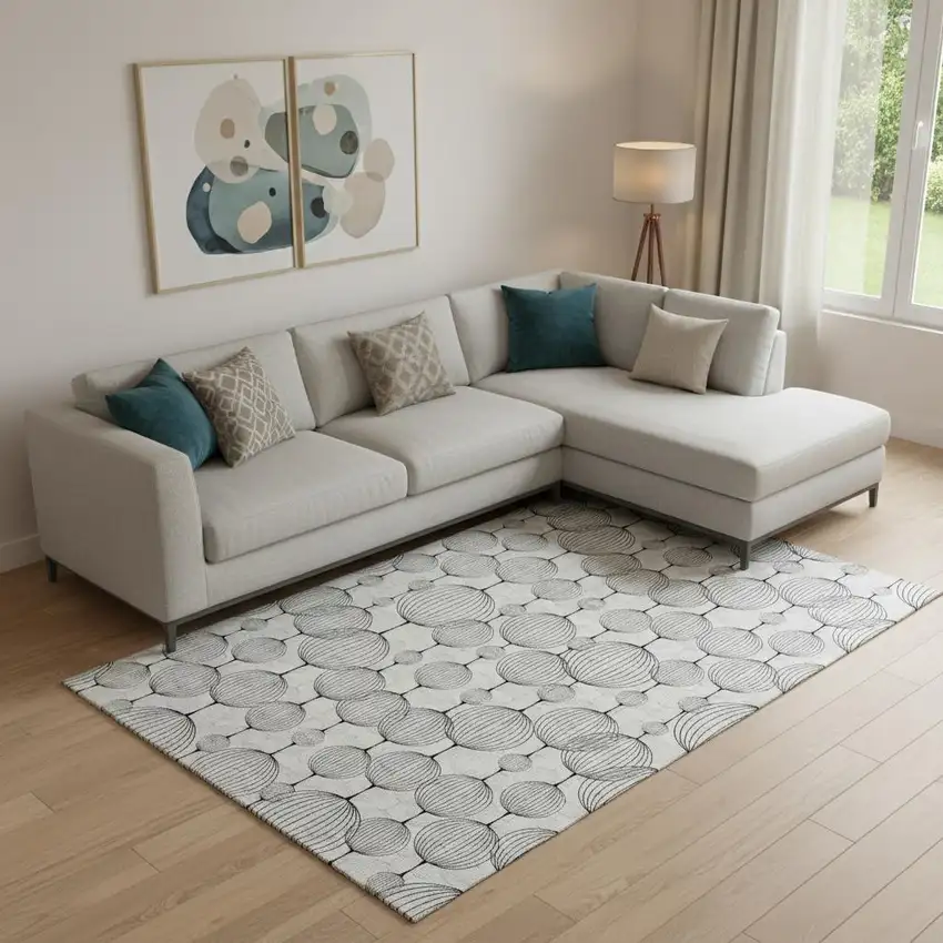 Graphite And Silver Geometric Washable Area Rug With UV Protection Photo 1