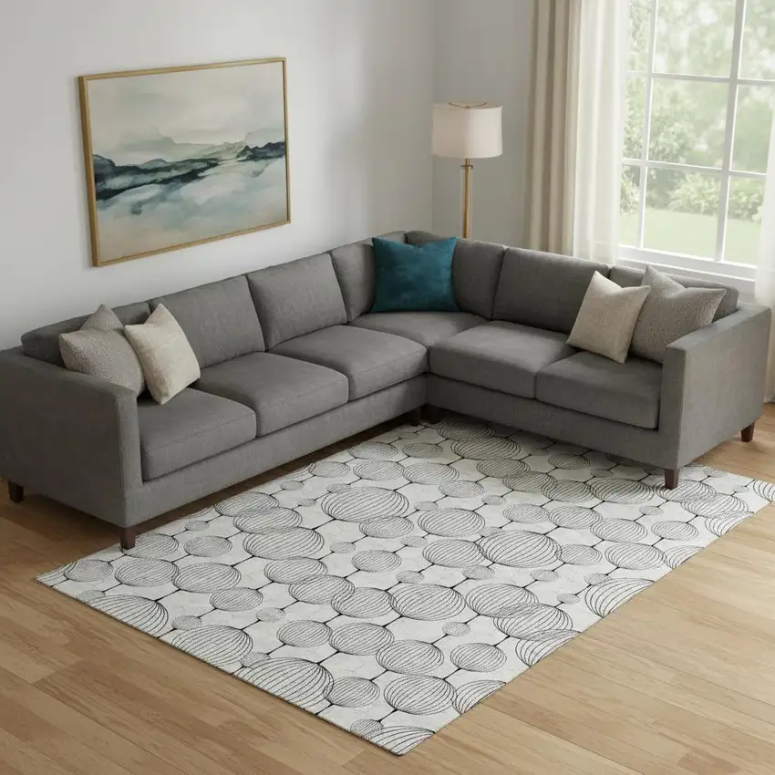 Graphite And Silver Geometric Washable Area Rug With UV Protection Photo 1