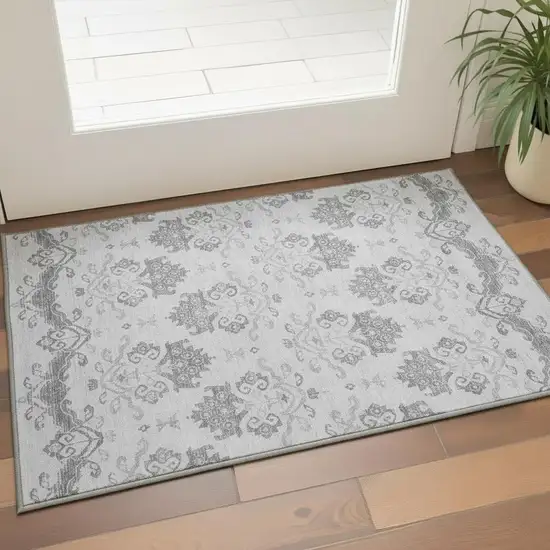 Graphite And Silver Medallion Washable Area Rug With UV Protection Photo 2