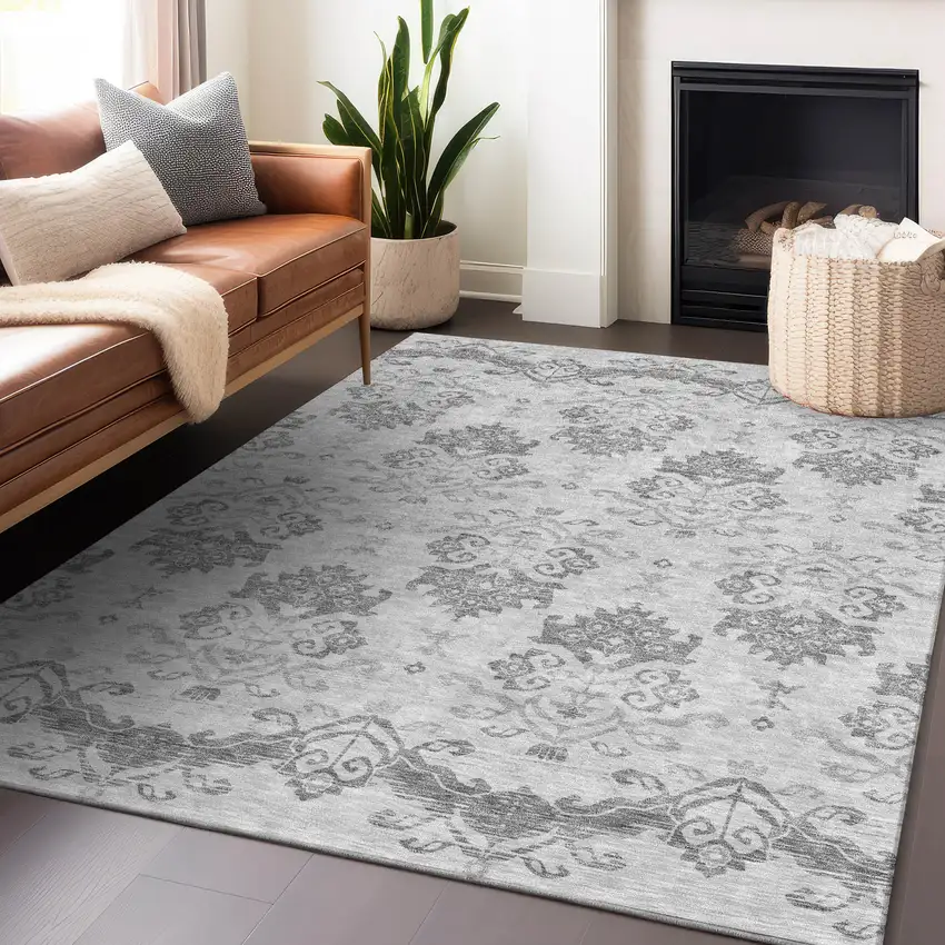 Graphite And Silver Medallion Washable Area Rug With UV Protection Photo 6