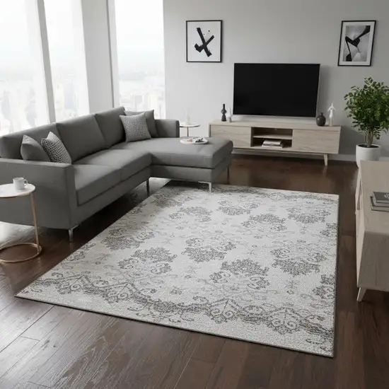 Graphite And Silver Medallion Washable Area Rug With UV Protection Photo 2