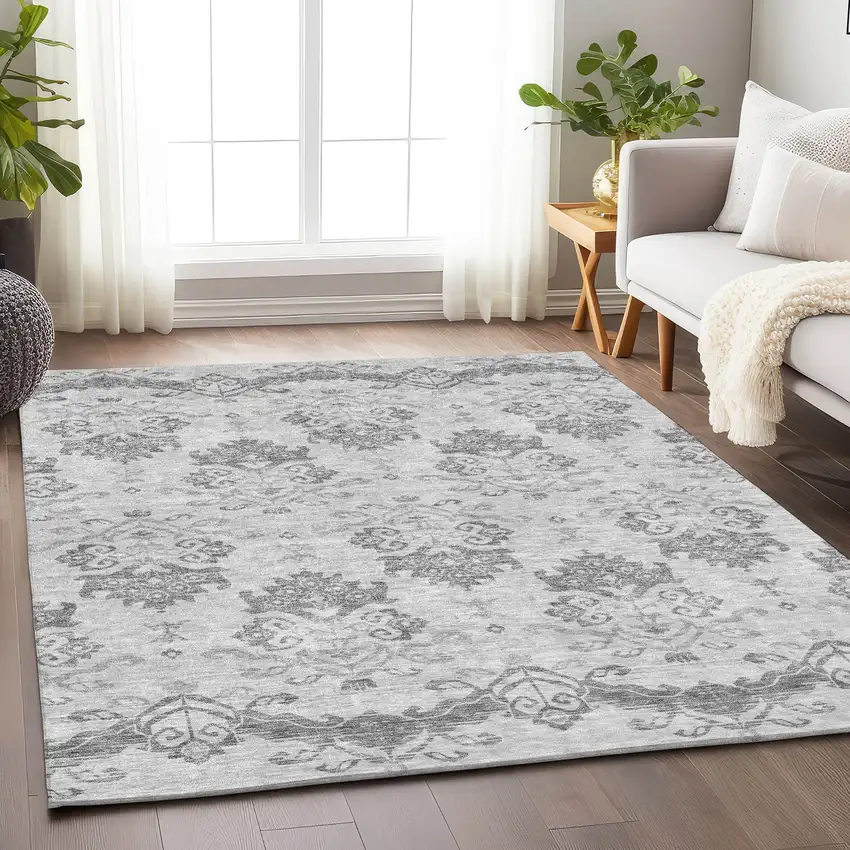 Graphite And Silver Medallion Washable Area Rug With UV Protection Photo 5