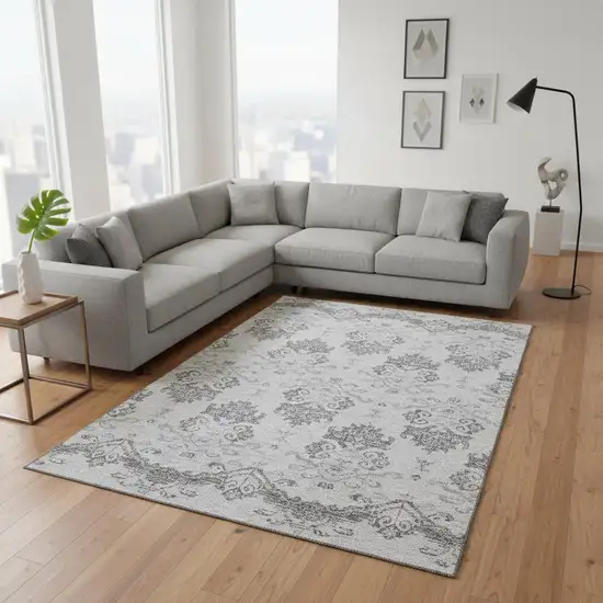 Graphite And Silver Medallion Washable Area Rug With UV Protection Photo 2