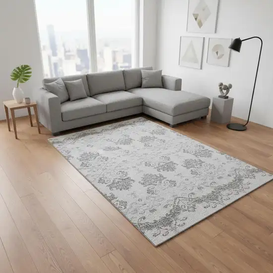 Graphite And Silver Medallion Washable Area Rug With UV Protection Photo 2