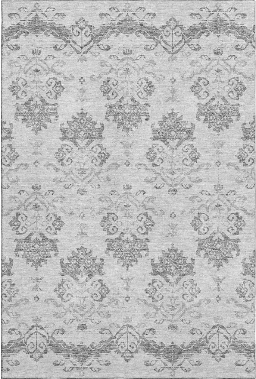 Graphite And Silver Medallion Washable Area Rug With UV Protection Photo 1