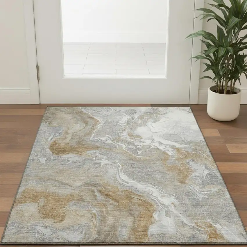 Graphite Beige And Ivory Abstract Washable Area Rug With UV Protection Photo 2