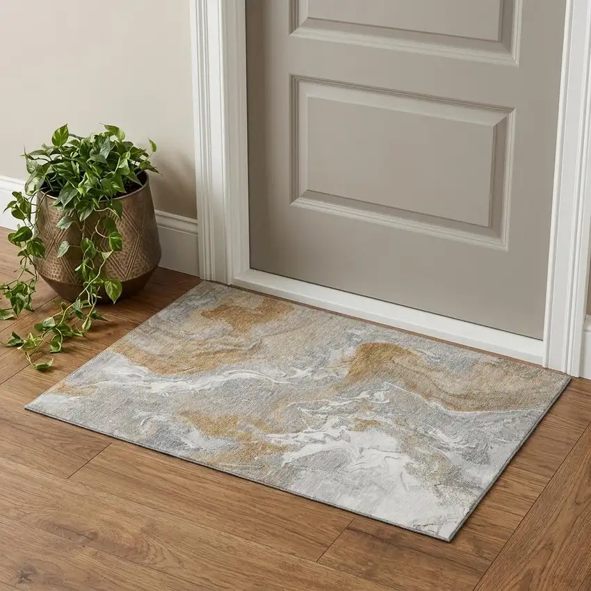 Graphite Beige And Ivory Abstract Washable Area Rug With UV Protection Photo 1