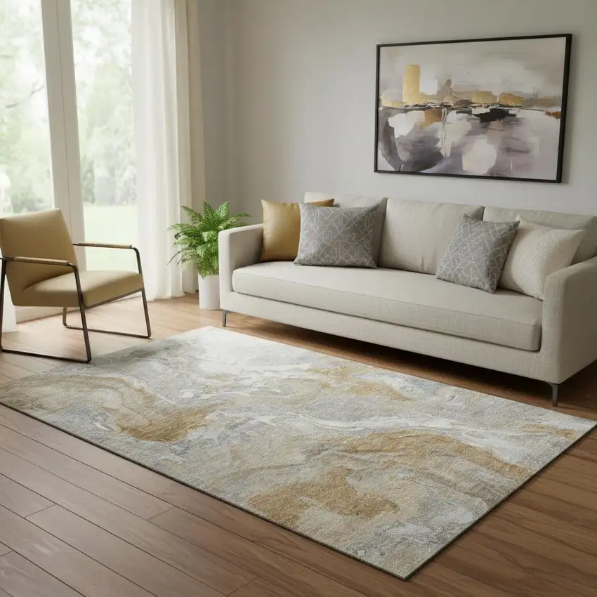 Graphite Beige And Ivory Abstract Washable Area Rug With UV Protection Photo 2