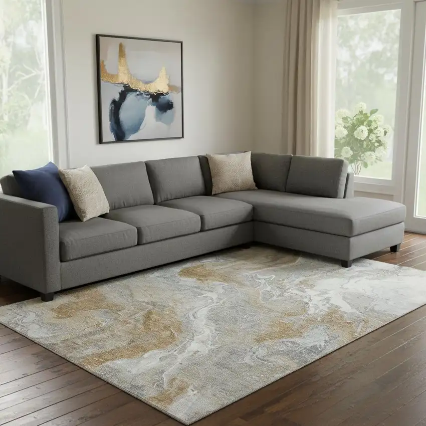 Graphite Beige And Ivory Abstract Washable Area Rug With UV Protection Photo 2