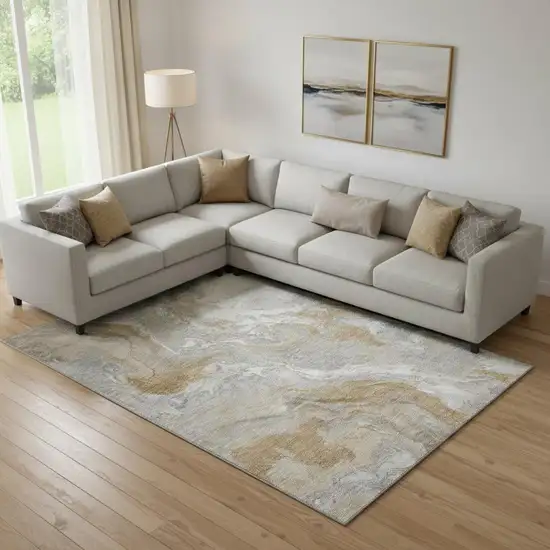 Graphite Beige And Ivory Abstract Washable Area Rug With UV Protection Photo 2