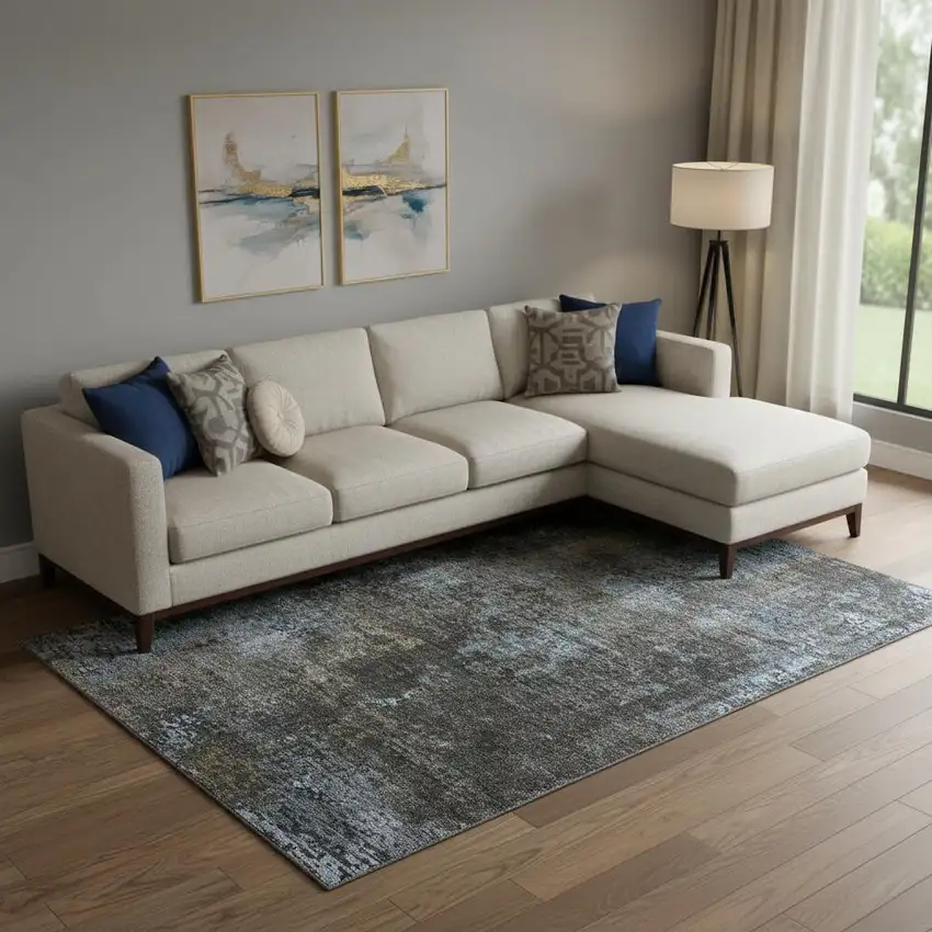 Graphite Blue And Copper Abstract Washable Area Rug With UV Protection Photo 1