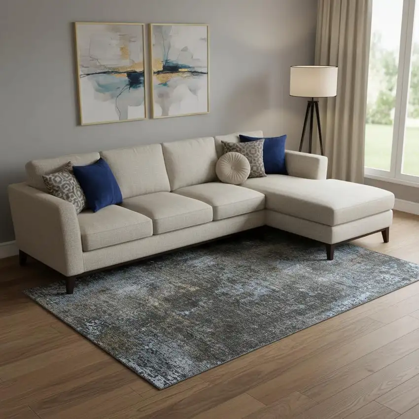 Graphite Blue And Copper Abstract Washable Area Rug With UV Protection Photo 1