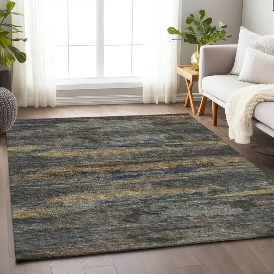 Graphite Gold And Blue Abstract Washable Area Rug With UV Protection Photo 3