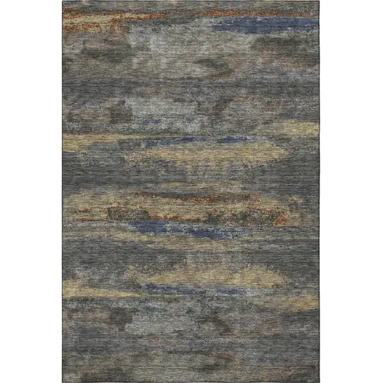 Graphite Gold And Blue Abstract Washable Area Rug With UV Protection Photo 2
