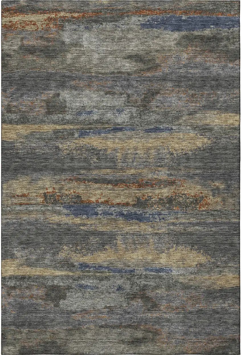 Graphite Gold And Blue Abstract Washable Area Rug With UV Protection Photo 2