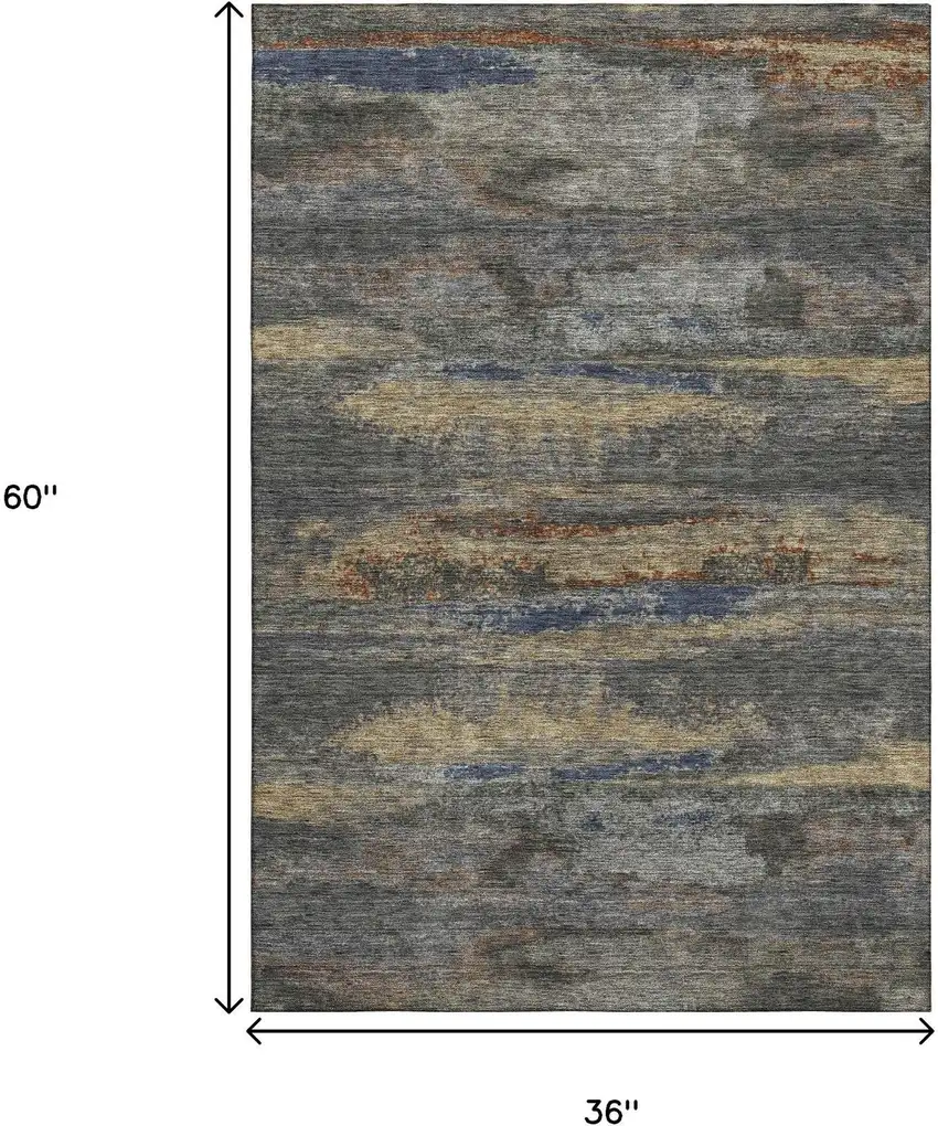 Graphite Gold And Blue Abstract Washable Area Rug With UV Protection Photo 9