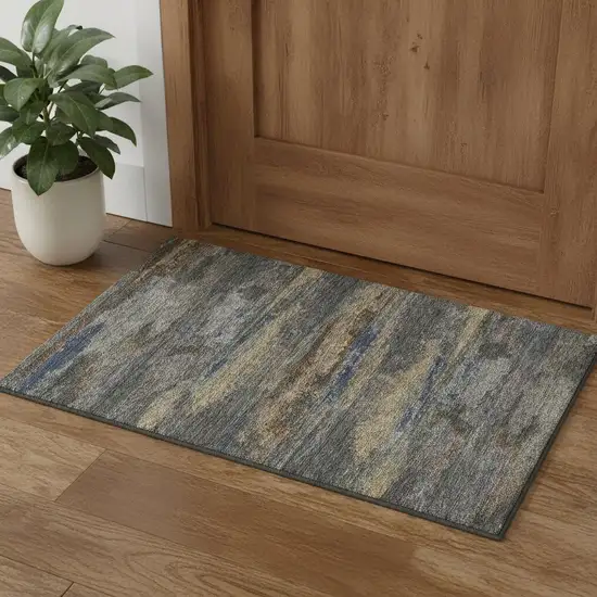 Graphite Gold And Blue Abstract Washable Area Rug With UV Protection Photo 2