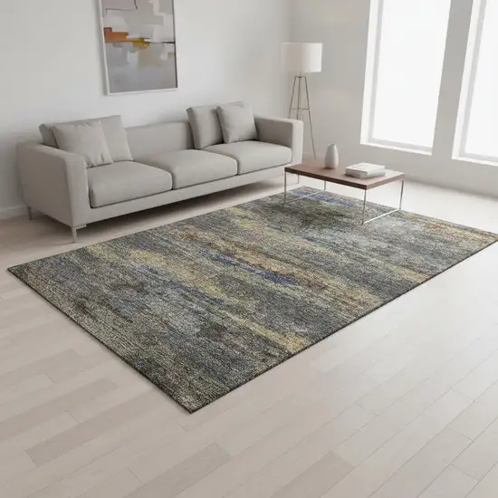 Graphite Gold And Blue Abstract Washable Area Rug With UV Protection Photo 2