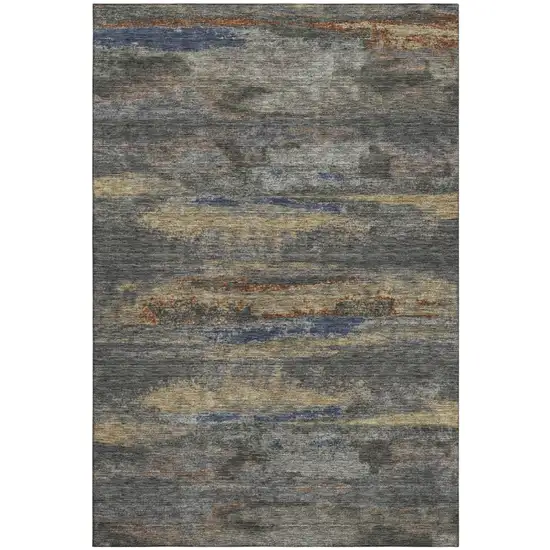 Graphite Gold And Blue Abstract Washable Area Rug With UV Protection Photo 2
