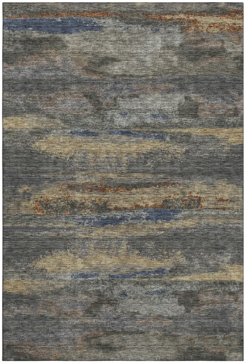 Graphite Gold And Blue Abstract Washable Area Rug With UV Protection Photo 2