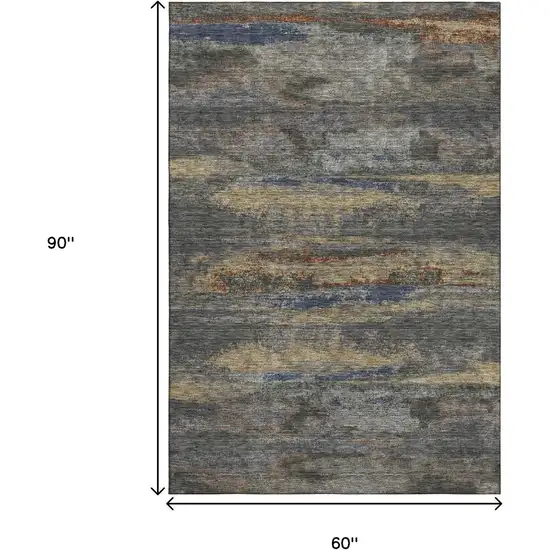 Graphite Gold And Blue Abstract Washable Area Rug With UV Protection Photo 9