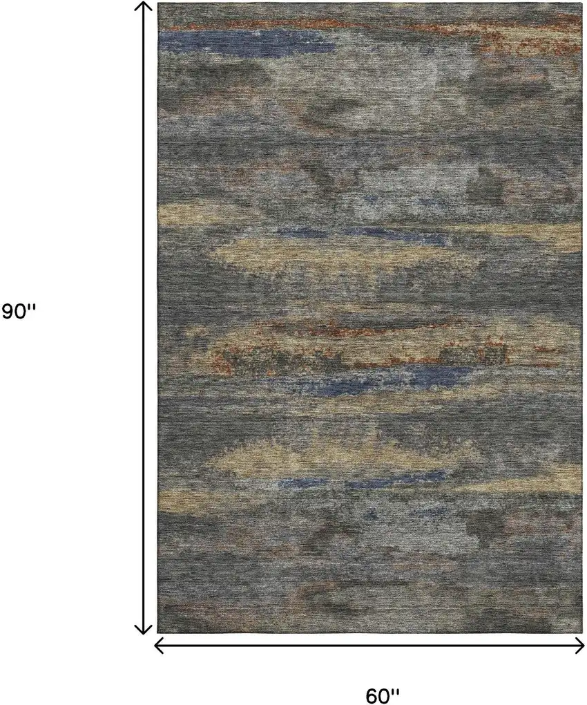 Graphite Gold And Blue Abstract Washable Area Rug With UV Protection Photo 9